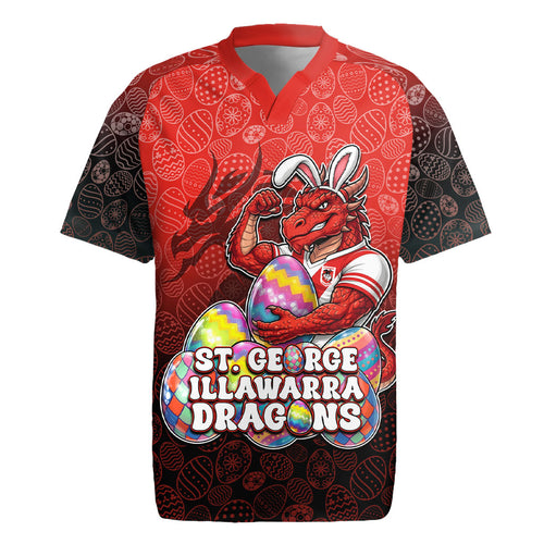 Personalized St. George Illawarra Dragons Rugby Jersey Easter Mascot - Colorful Eggs Cartoon Style