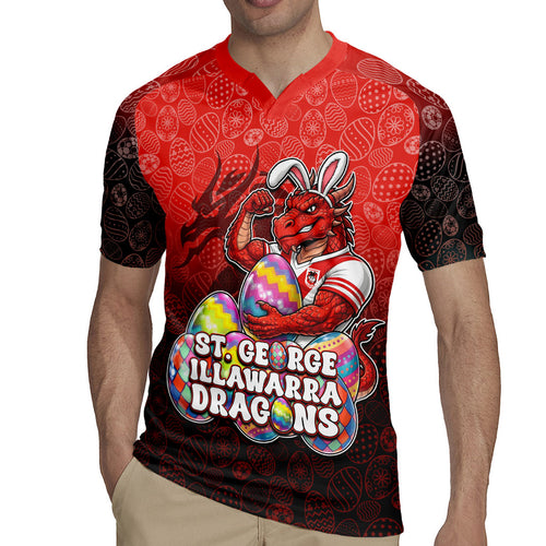 Personalized St. George Illawarra Dragons Rugby Jersey Easter Mascot - Colorful Eggs Cartoon Style