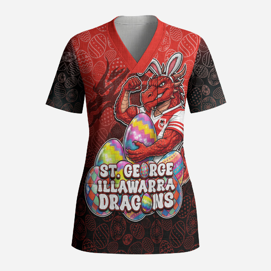 Personalized St. George Illawarra Dragons Scrub Top Easter Mascot - Colorful Eggs Cartoon Style