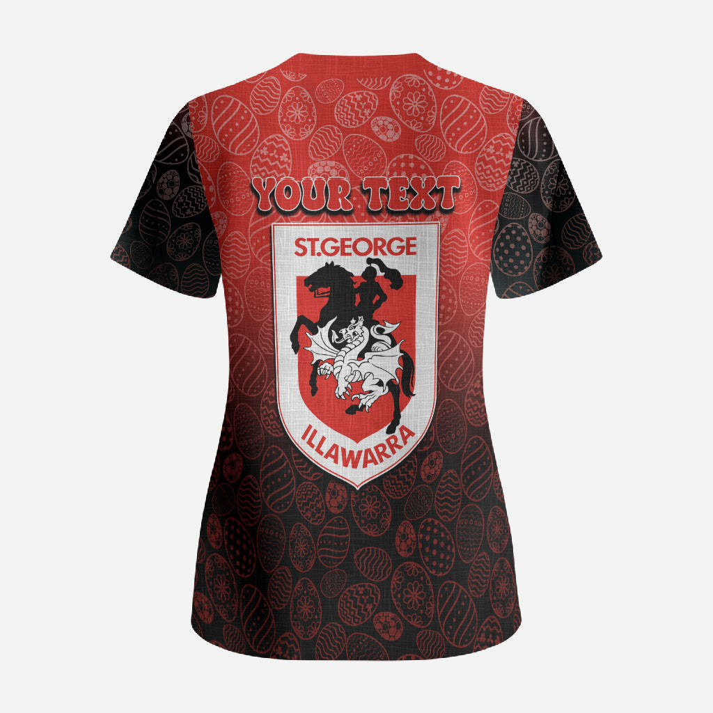 Personalized St. George Illawarra Dragons Scrub Top Easter Mascot - Colorful Eggs Cartoon Style