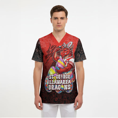 Personalized St. George Illawarra Dragons Scrub Top Easter Mascot - Colorful Eggs Cartoon Style