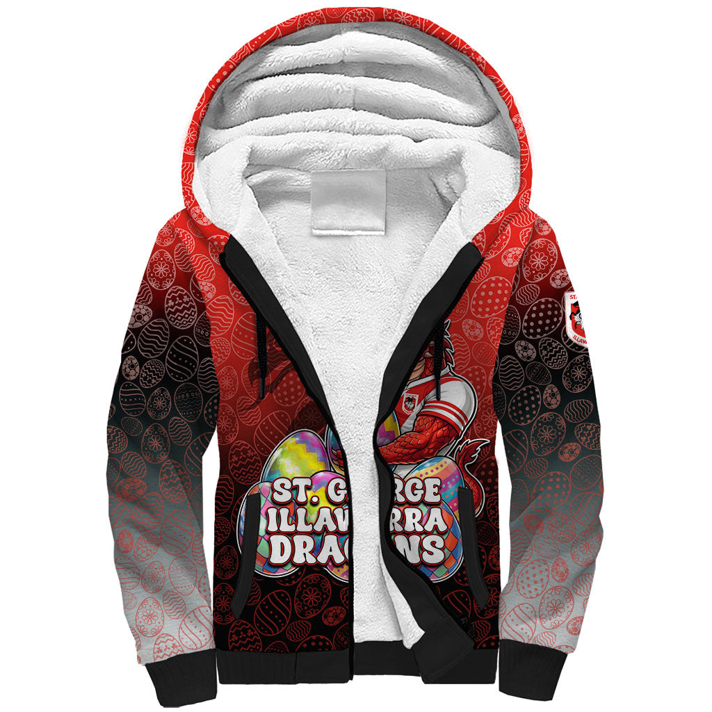 Personalized St. George Illawarra Dragons Sherpa Hoodie Easter Mascot - Colorful Eggs Cartoon Style
