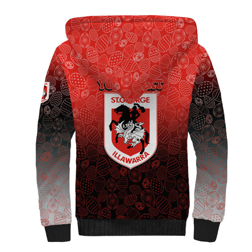 Personalized St. George Illawarra Dragons Sherpa Hoodie Easter Mascot - Colorful Eggs Cartoon Style