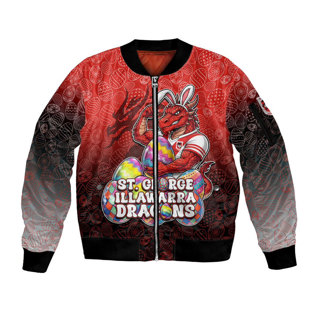 Personalized St. George Illawarra Dragons Sleeve Zip Bomber Jacket Easter Mascot - Colorful Eggs Cartoon Style