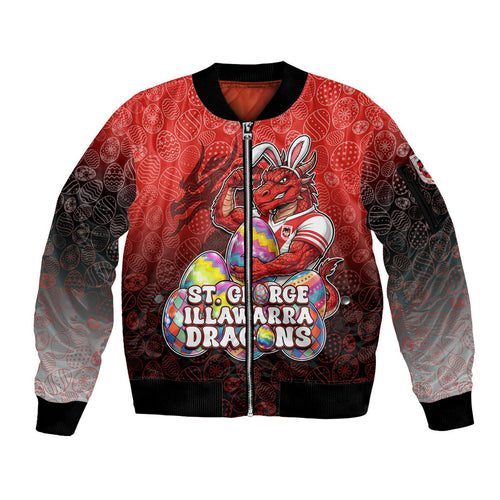 Personalized St. George Illawarra Dragons Sleeve Zip Bomber Jacket Easter Mascot - Colorful Eggs Cartoon Style