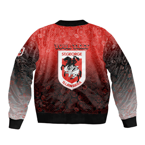 Personalized St. George Illawarra Dragons Sleeve Zip Bomber Jacket Easter Mascot - Colorful Eggs Cartoon Style