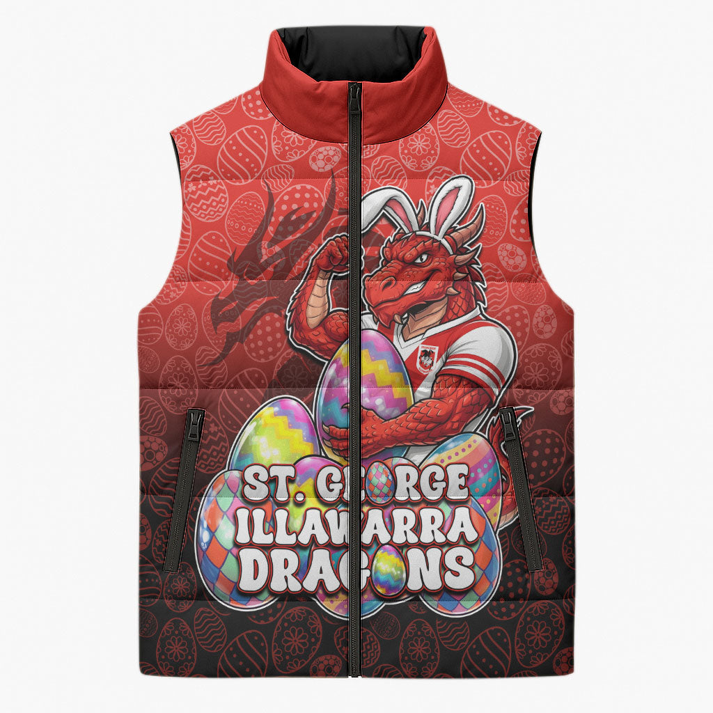 Personalized St. George Illawarra Dragons Sleeveless Puffer Jacket Easter Mascot - Colorful Eggs Cartoon Style