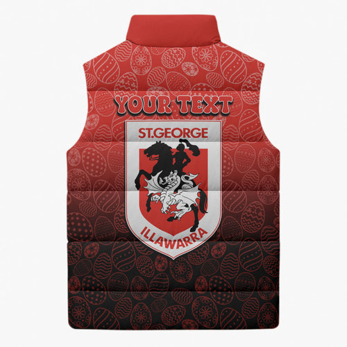 Personalized St. George Illawarra Dragons Sleeveless Puffer Jacket Easter Mascot - Colorful Eggs Cartoon Style