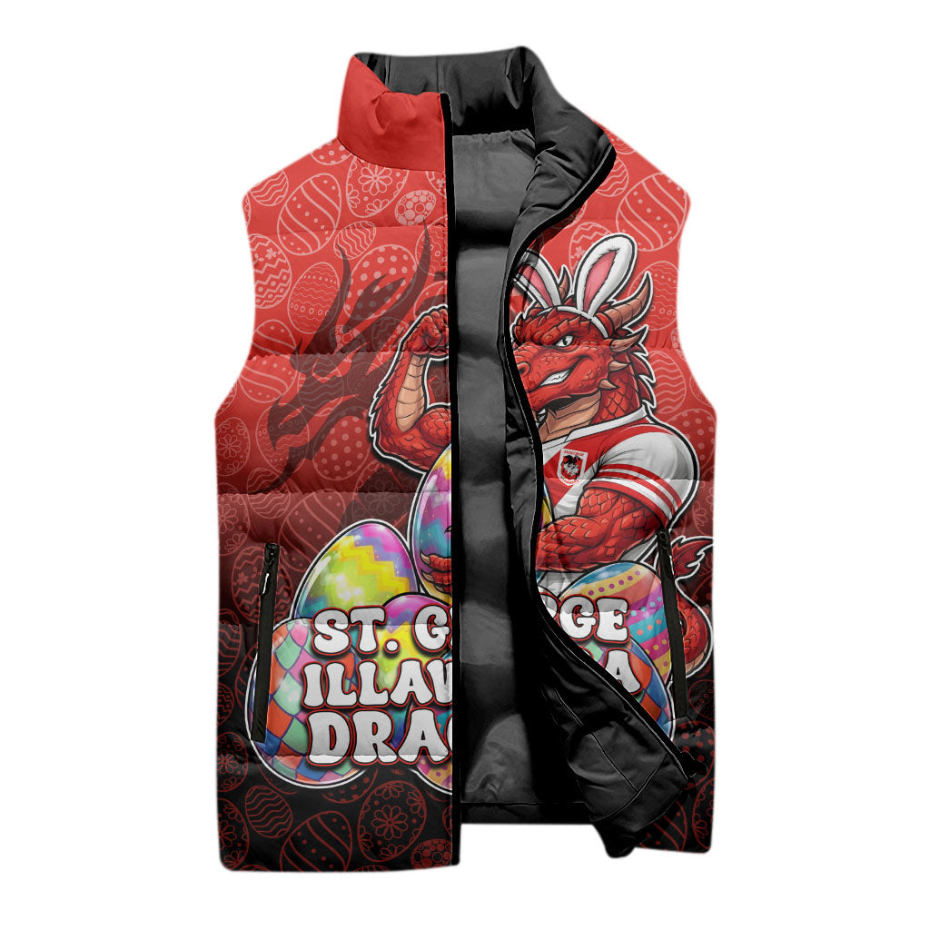 Personalized St. George Illawarra Dragons Sleeveless Puffer Jacket Easter Mascot - Colorful Eggs Cartoon Style