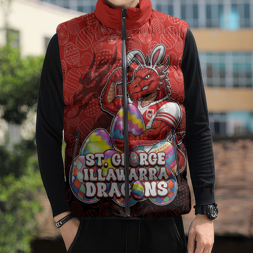 Personalized St. George Illawarra Dragons Sleeveless Puffer Jacket Easter Mascot - Colorful Eggs Cartoon Style
