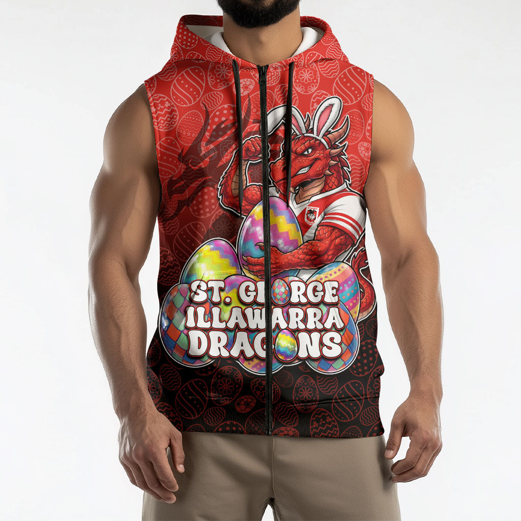 Personalized St. George Illawarra Dragons Sleeveless Zip Hoodie Easter Mascot - Colorful Eggs Cartoon Style