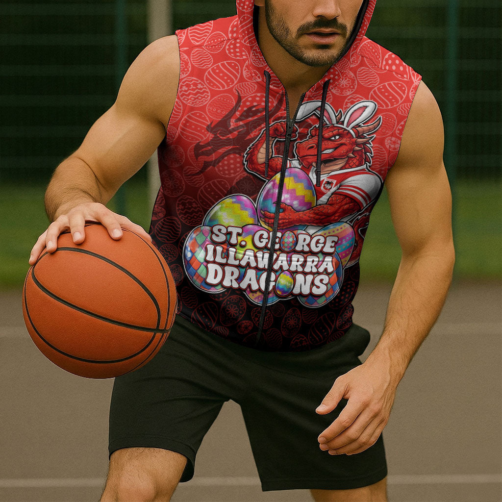 Personalized St. George Illawarra Dragons Sleeveless Zip Hoodie Easter Mascot - Colorful Eggs Cartoon Style