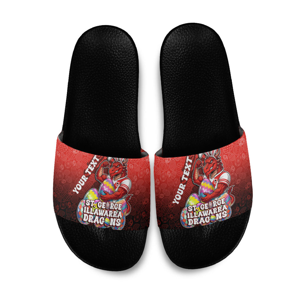 Personalized St. George Illawarra Dragons Slide Sandals Easter Mascot - Colorful Eggs Cartoon Style