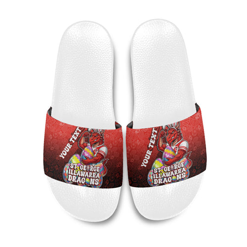 Personalized St. George Illawarra Dragons Slide Sandals Easter Mascot - Colorful Eggs Cartoon Style