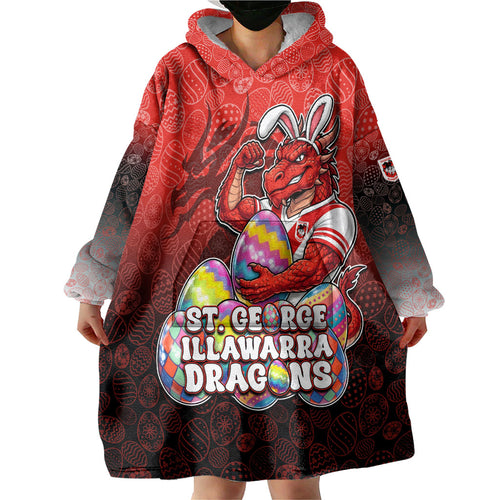 Personalized St. George Illawarra Dragons Wearable Blanket Hoodie Easter Mascot - Colorful Eggs Cartoon Style