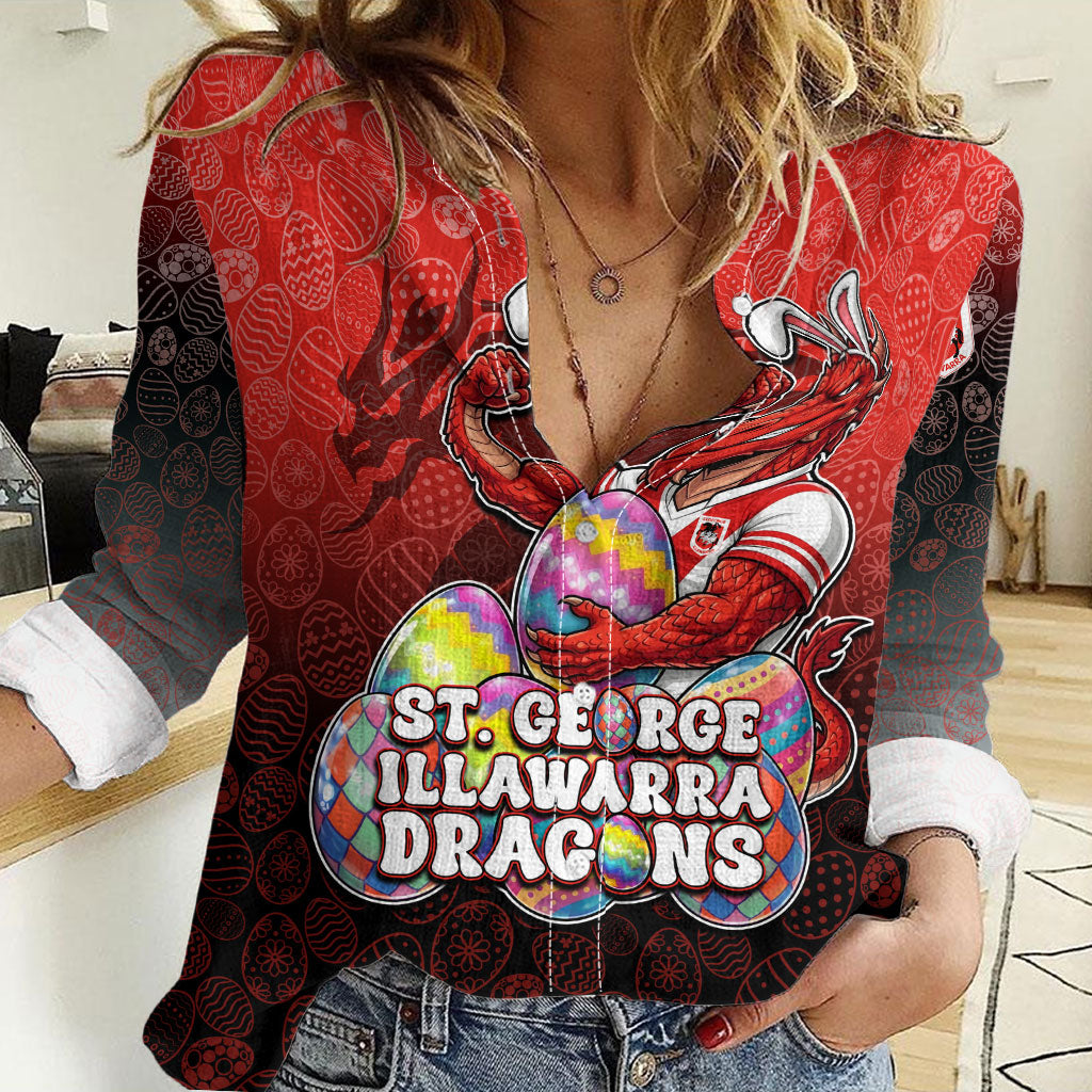 Personalized St. George Illawarra Dragons Women Casual Shirt Easter Mascot - Colorful Eggs Cartoon Style