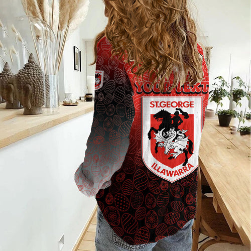 Personalized St. George Illawarra Dragons Women Casual Shirt Easter Mascot - Colorful Eggs Cartoon Style