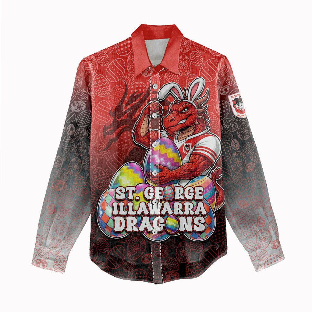 Personalized St. George Illawarra Dragons Women Casual Shirt Easter Mascot - Colorful Eggs Cartoon Style