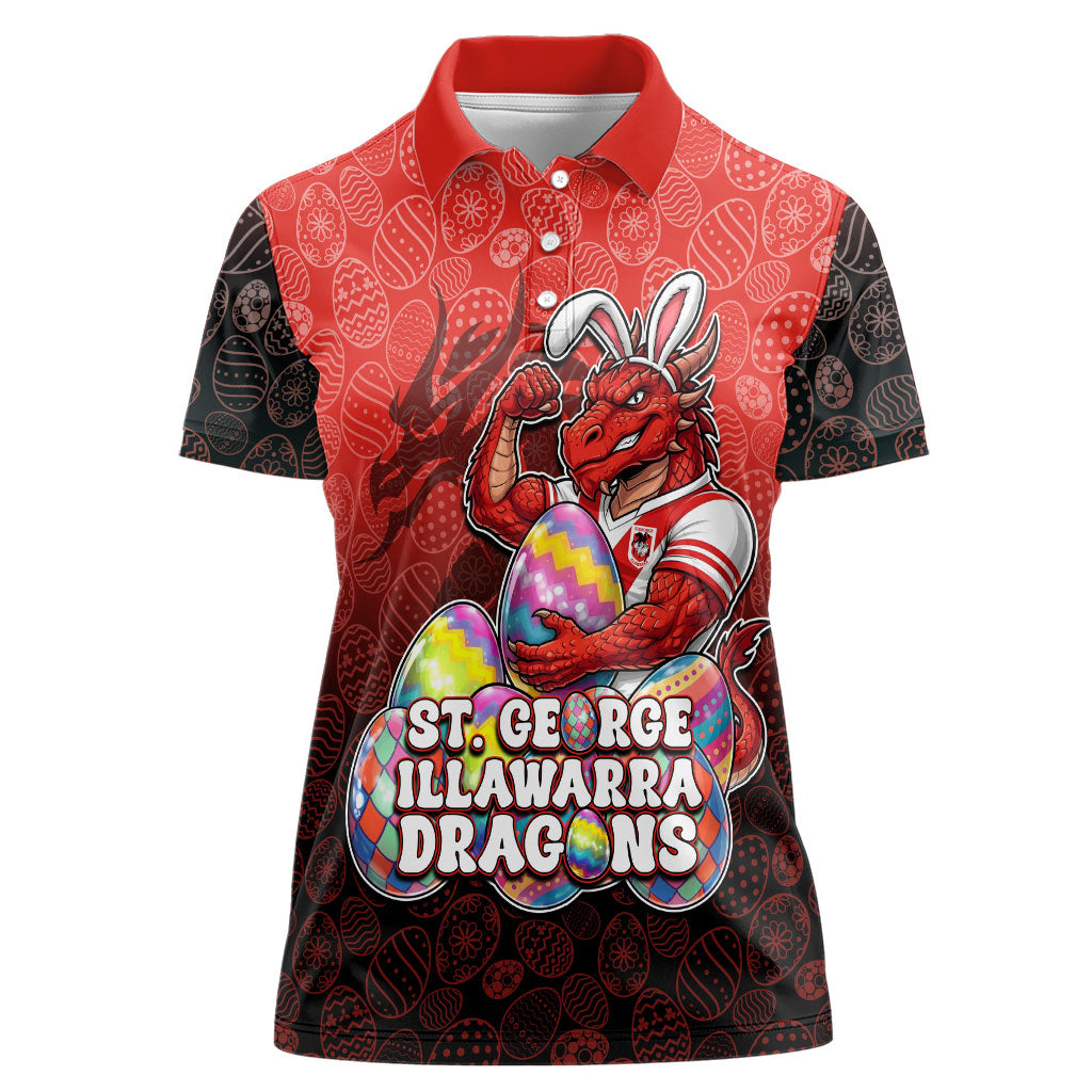Personalized St. George Illawarra Dragons Women Polo Shirt Easter Mascot - Colorful Eggs Cartoon Style