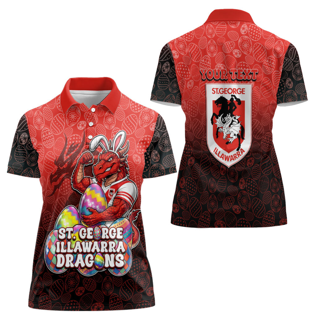 Personalized St. George Illawarra Dragons Women Polo Shirt Easter Mascot - Colorful Eggs Cartoon Style