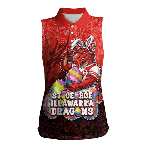 Personalized St. George Illawarra Dragons Women Sleeveless Polo Shirt Easter Mascot - Colorful Eggs Cartoon Style