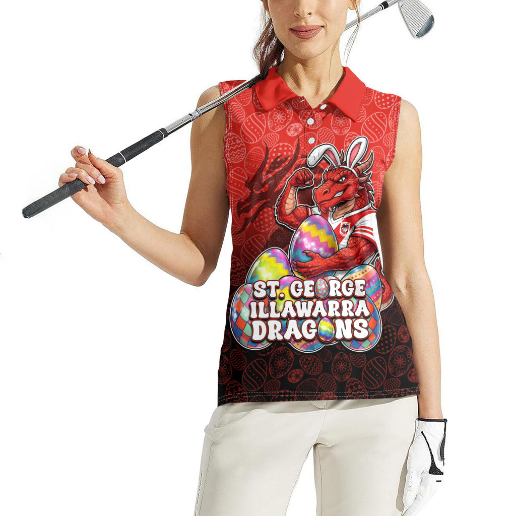 Personalized St. George Illawarra Dragons Women Sleeveless Polo Shirt Easter Mascot - Colorful Eggs Cartoon Style