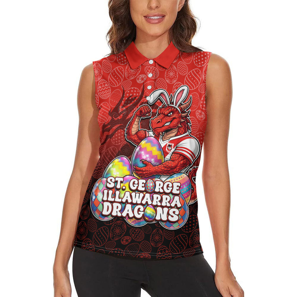 Personalized St. George Illawarra Dragons Women Sleeveless Polo Shirt Easter Mascot - Colorful Eggs Cartoon Style