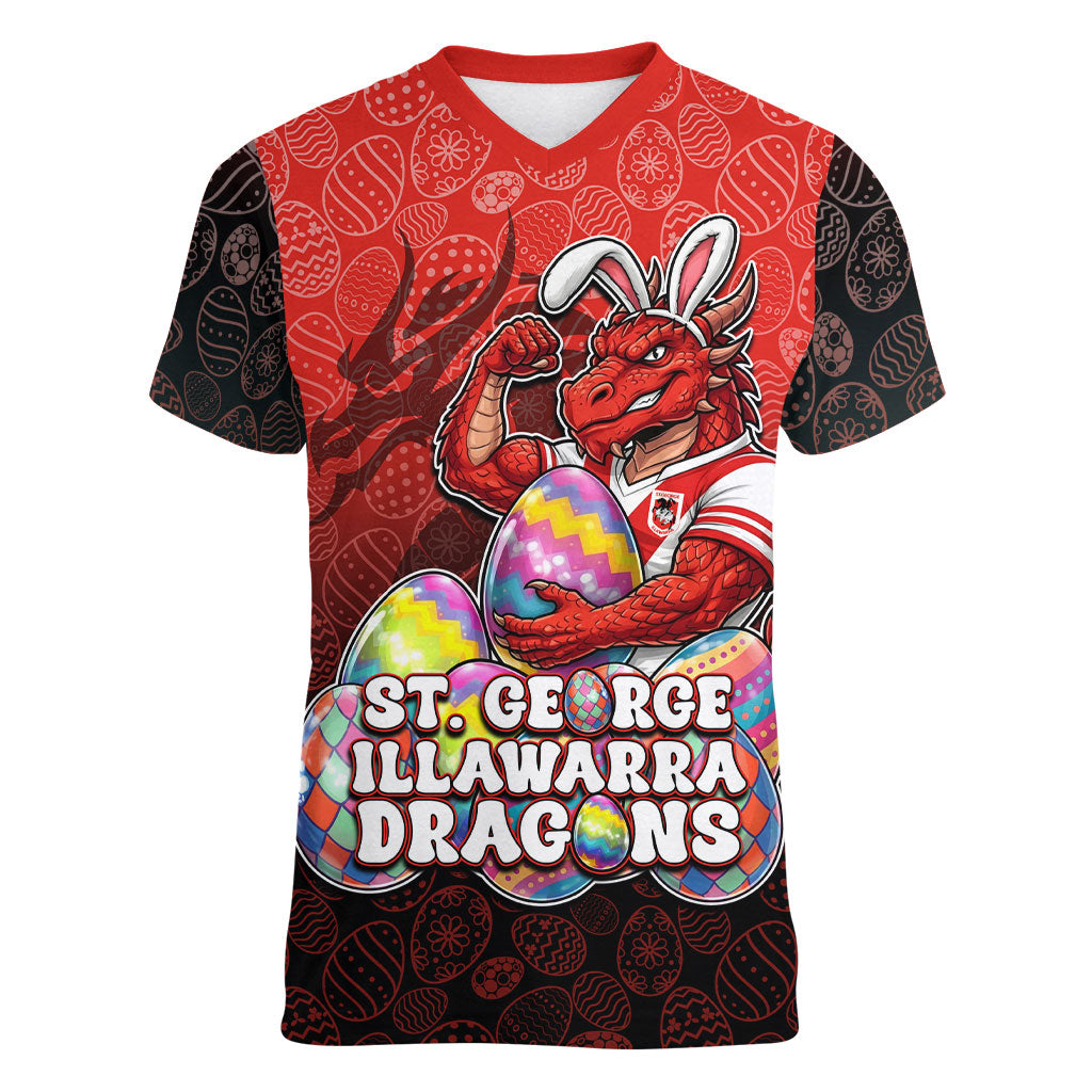 Personalized St. George Illawarra Dragons Women V-Neck T-Shirt Easter Mascot - Colorful Eggs Cartoon Style