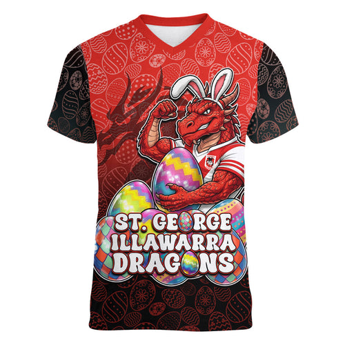 Personalized St. George Illawarra Dragons Women V-Neck T-Shirt Easter Mascot - Colorful Eggs Cartoon Style
