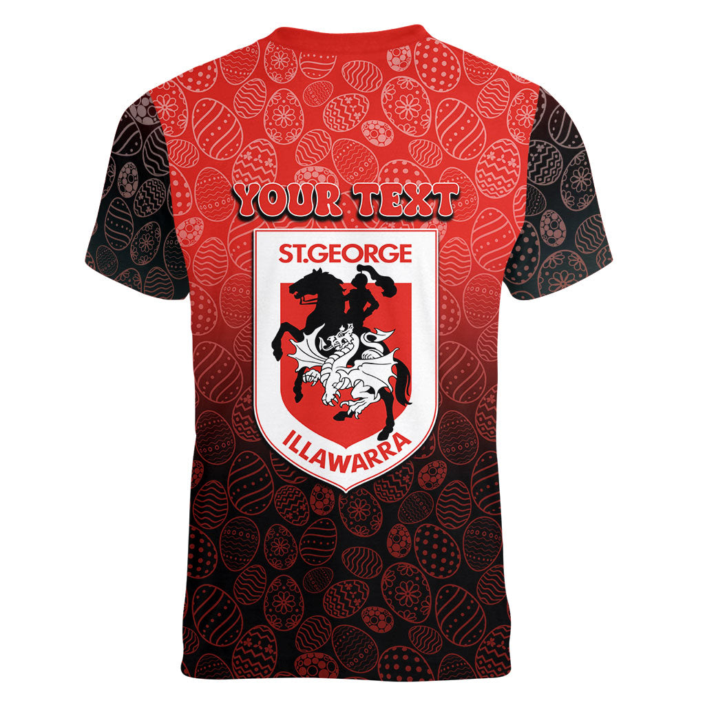 Personalized St. George Illawarra Dragons Women V-Neck T-Shirt Easter Mascot - Colorful Eggs Cartoon Style