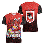 Personalized St. George Illawarra Dragons Women V-Neck T-Shirt Easter Mascot - Colorful Eggs Cartoon Style