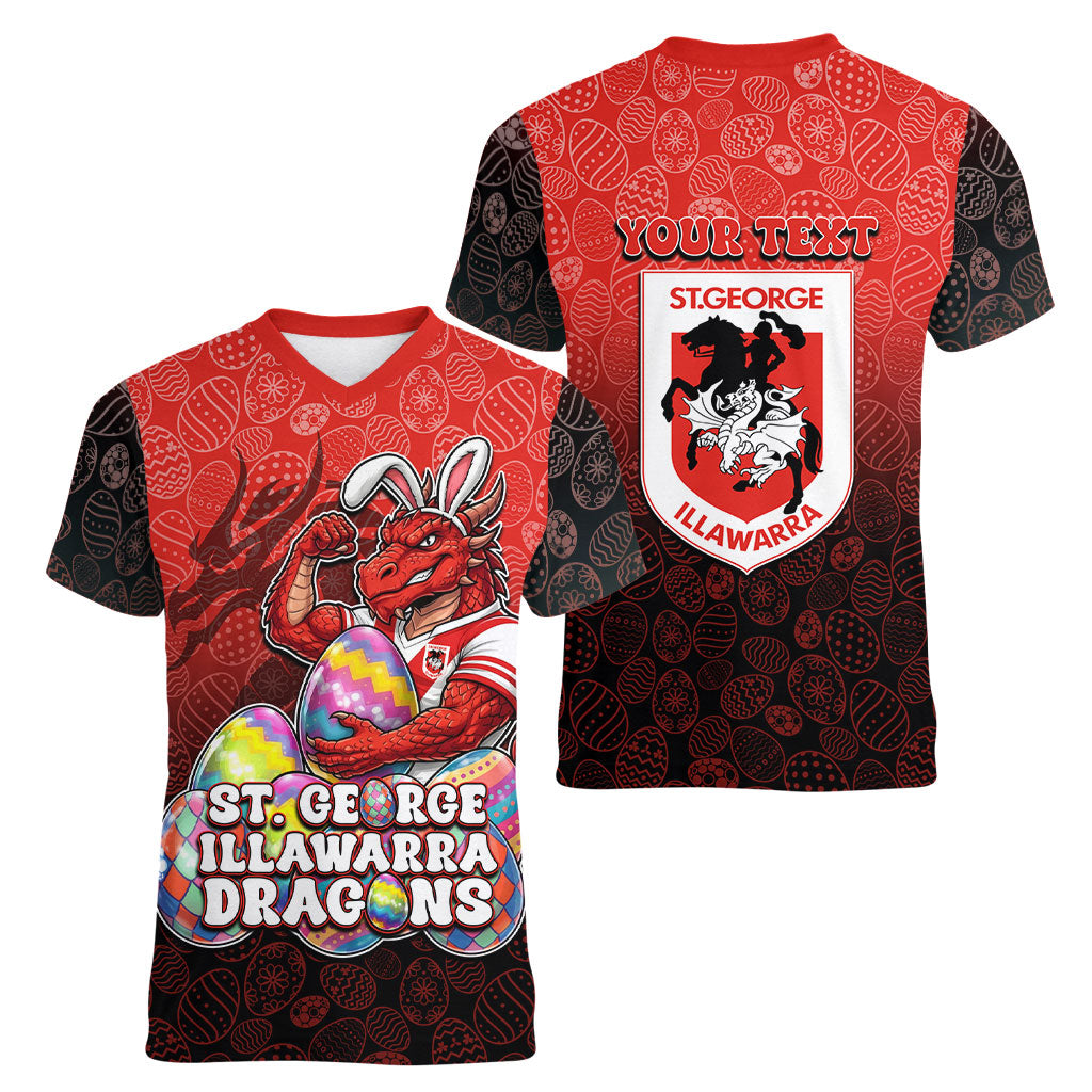 Personalized St. George Illawarra Dragons Women V-Neck T-Shirt Easter Mascot - Colorful Eggs Cartoon Style
