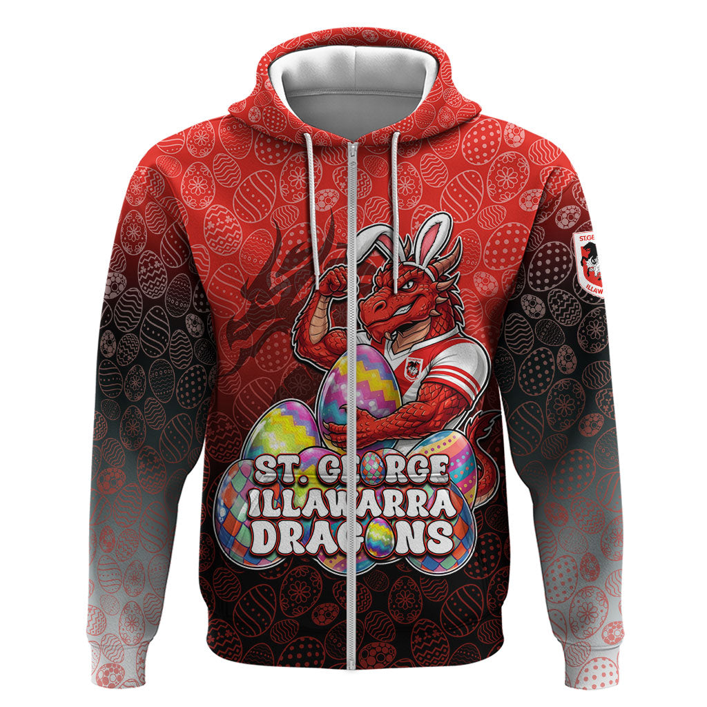 Personalized St. George Illawarra Dragons Zip Hoodie Easter Mascot - Colorful Eggs Cartoon Style