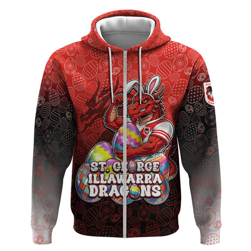 Personalized St. George Illawarra Dragons Zip Hoodie Easter Mascot - Colorful Eggs Cartoon Style