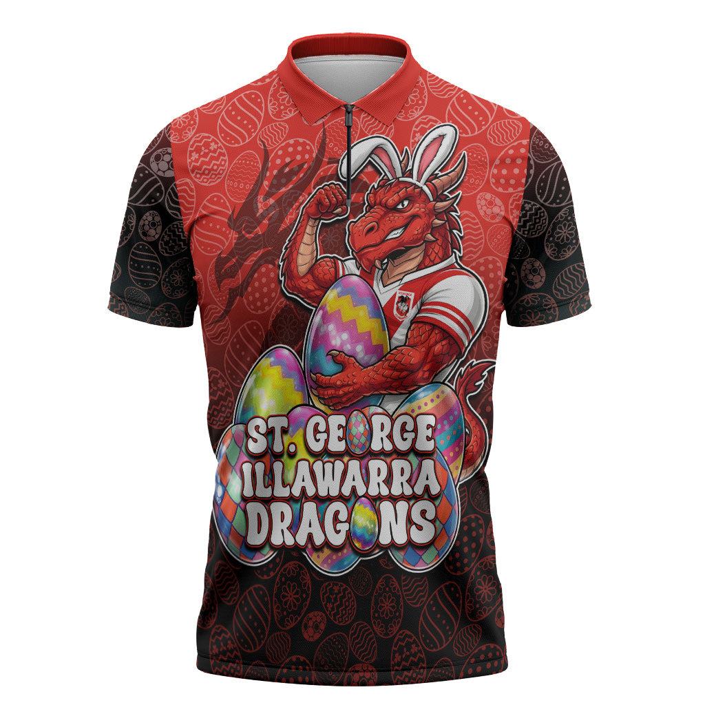Personalized St. George Illawarra Dragons Zipper Polo Shirt Easter Mascot - Colorful Eggs Cartoon Style