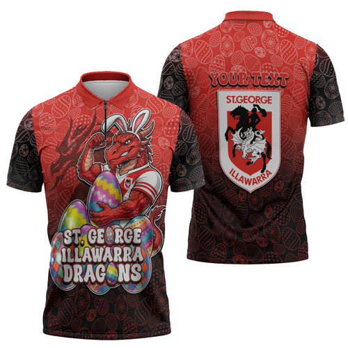 Personalized St. George Illawarra Dragons Zipper Polo Shirt Easter Mascot - Colorful Eggs Cartoon Style