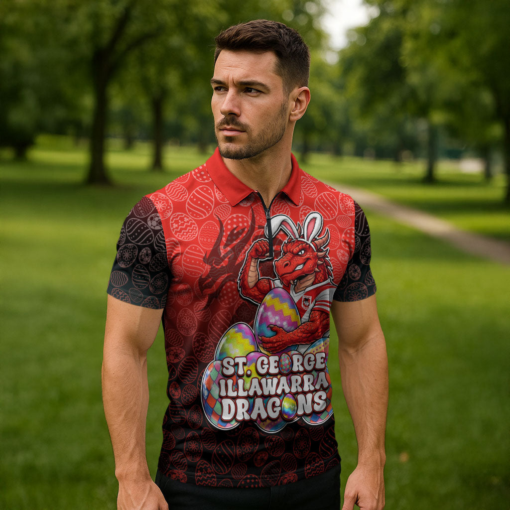 Personalized St. George Illawarra Dragons Zipper Polo Shirt Easter Mascot - Colorful Eggs Cartoon Style