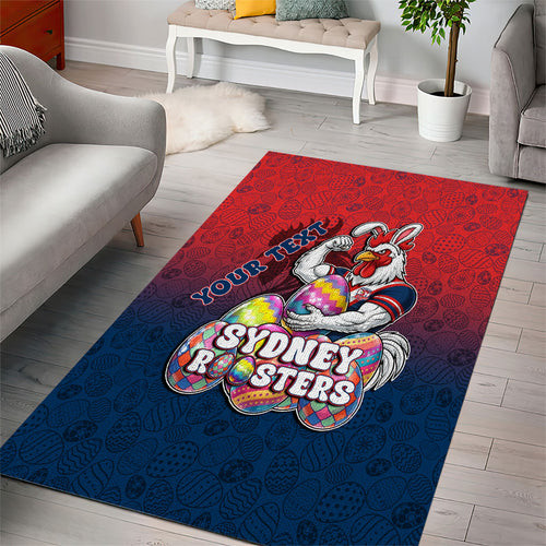 Personalized Sydney Roosters Area Rug Easter Mascot - Colorful Eggs Cartoon Style