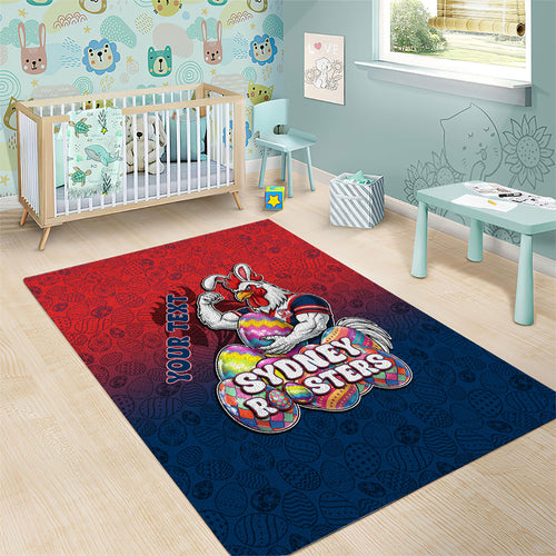 Personalized Sydney Roosters Area Rug Easter Mascot - Colorful Eggs Cartoon Style