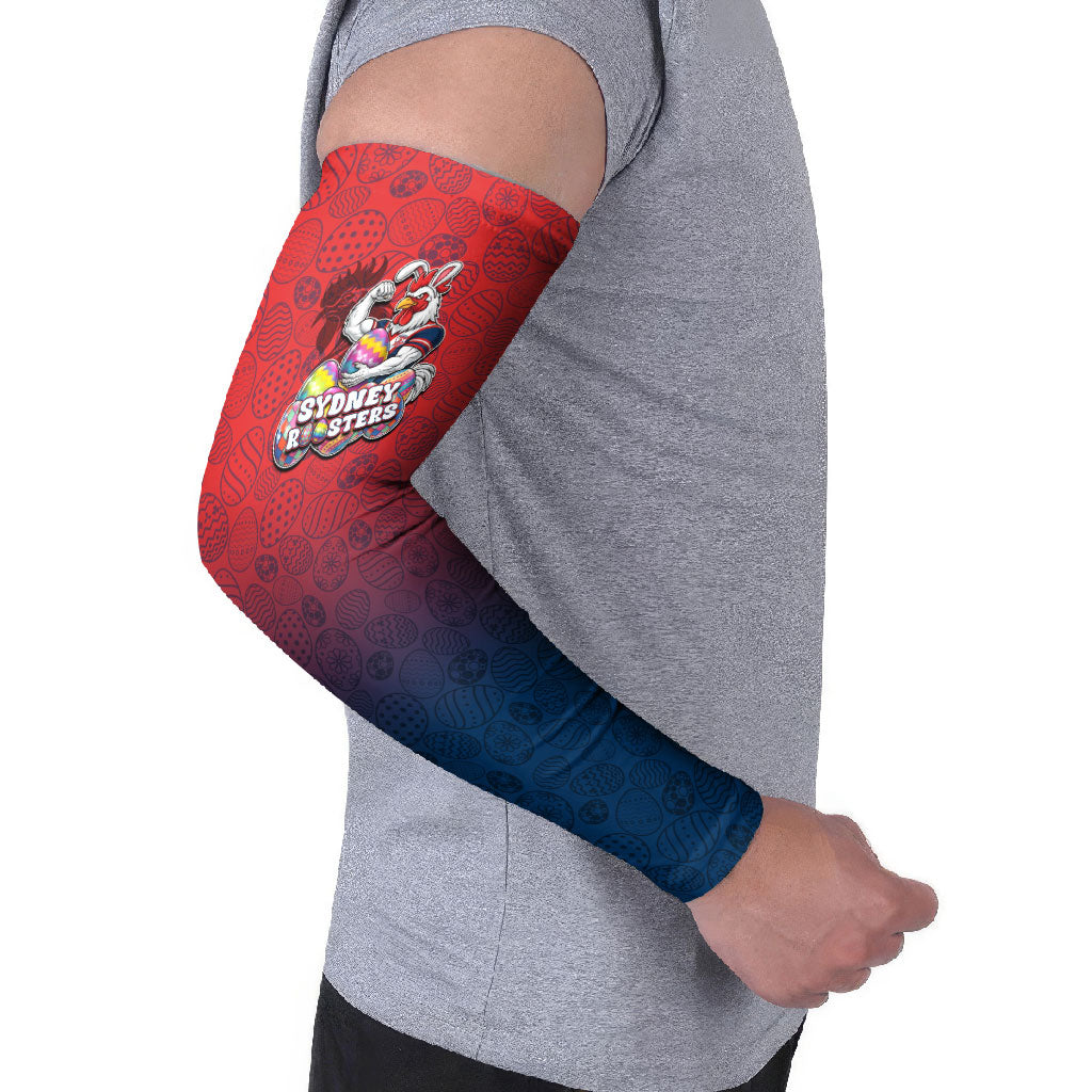 Personalized Sydney Roosters Arm Sleeves Easter Mascot - Colorful Eggs Cartoon Style