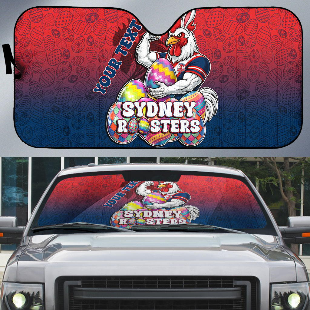 Personalized Sydney Roosters Auto Sun Shade Easter Mascot - Colorful Eggs Cartoon Style