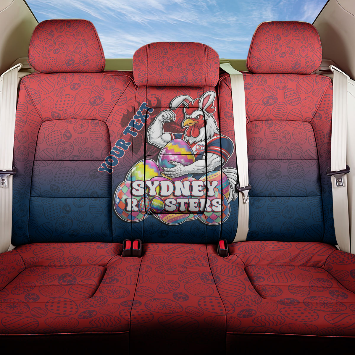 Personalized Sydney Roosters Back Car Seat Cover Easter Mascot - Colorful Eggs Cartoon Style