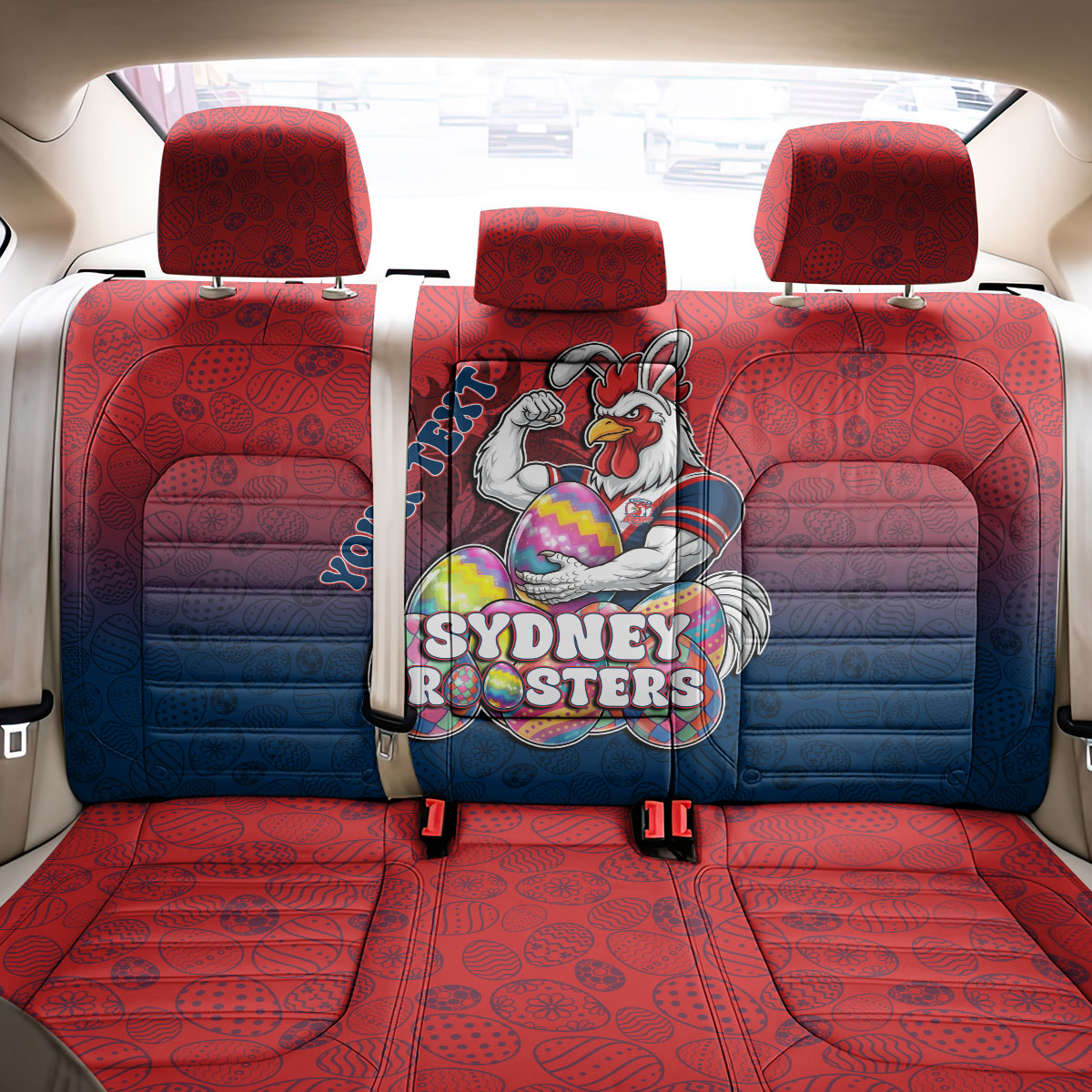 Personalized Sydney Roosters Back Car Seat Cover Easter Mascot - Colorful Eggs Cartoon Style