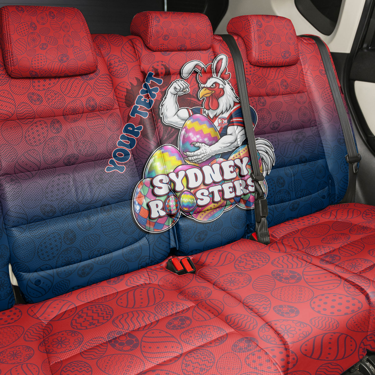 Personalized Sydney Roosters Back Car Seat Cover Easter Mascot - Colorful Eggs Cartoon Style