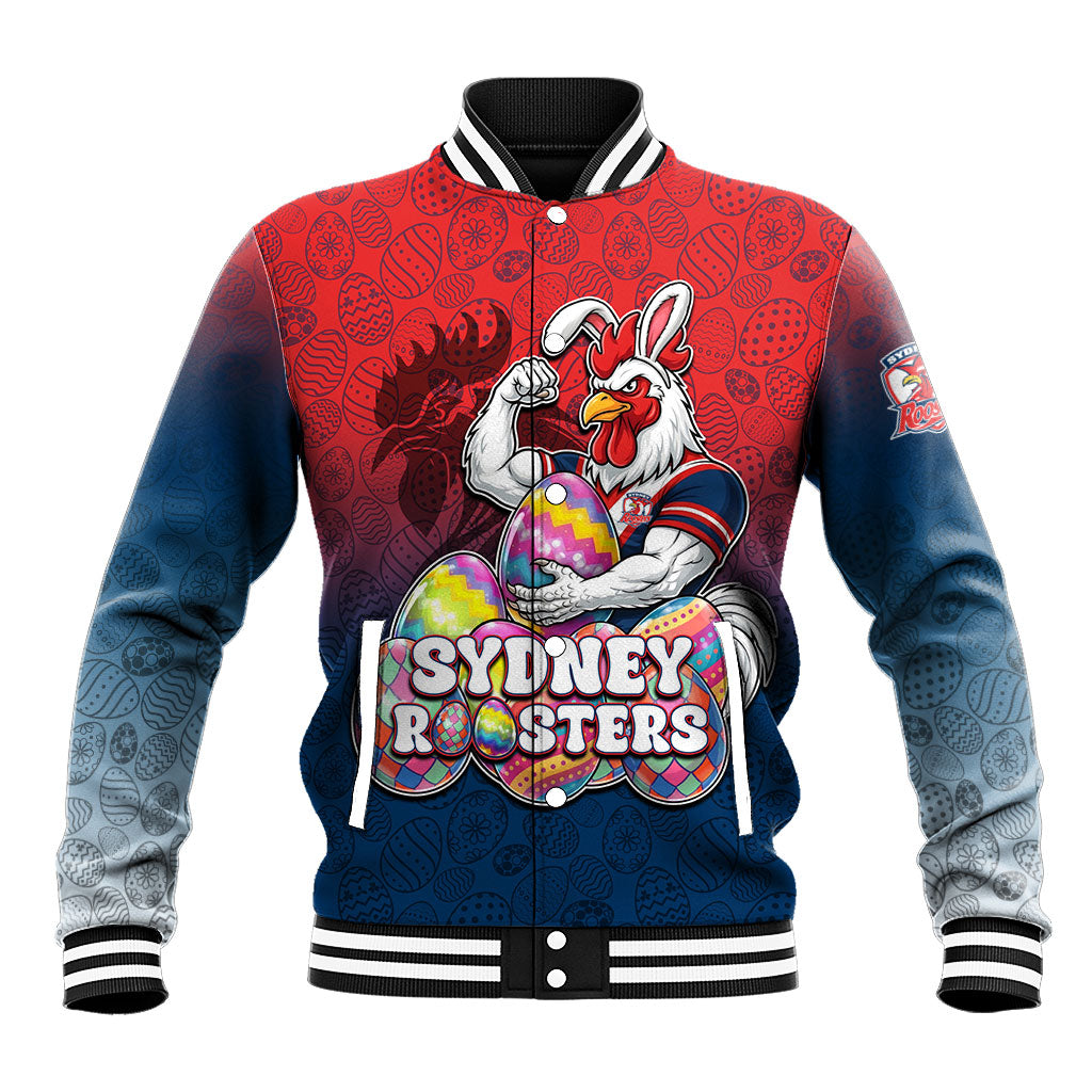 Personalized Sydney Roosters Baseball Jacket Easter Mascot - Colorful Eggs Cartoon Style