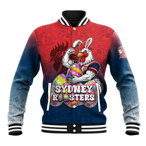 Personalized Sydney Roosters Baseball Jacket Easter Mascot - Colorful Eggs Cartoon Style