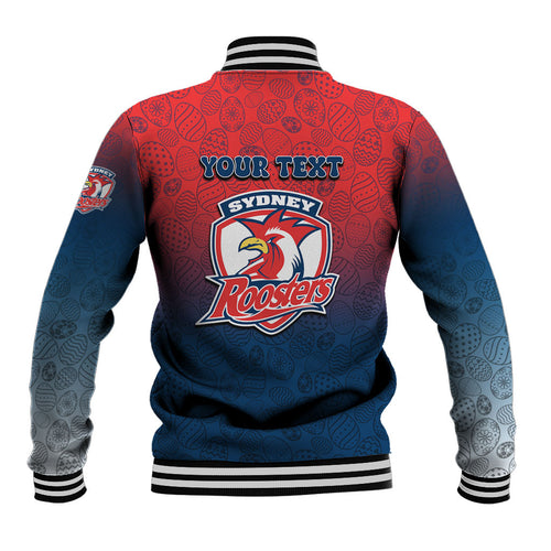 Personalized Sydney Roosters Baseball Jacket Easter Mascot - Colorful Eggs Cartoon Style