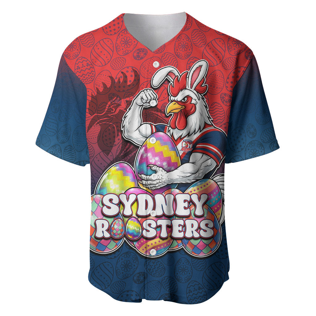 Personalized Sydney Roosters Baseball Jersey Easter Mascot - Colorful Eggs Cartoon Style
