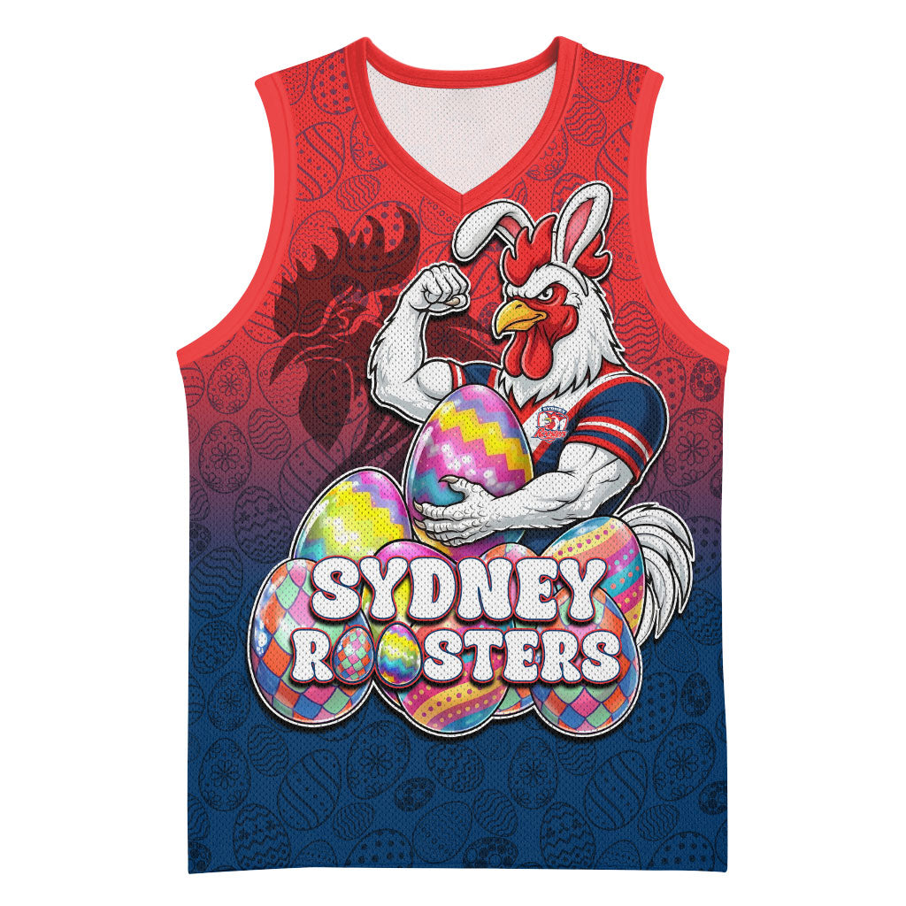 Personalized Sydney Roosters Basketball Jersey Easter Mascot - Colorful Eggs Cartoon Style