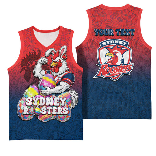 Personalized Sydney Roosters Basketball Jersey Easter Mascot - Colorful Eggs Cartoon Style
